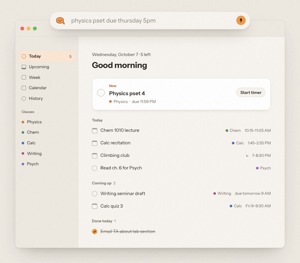 A short animated demo of capturing a task by voice in Cue.