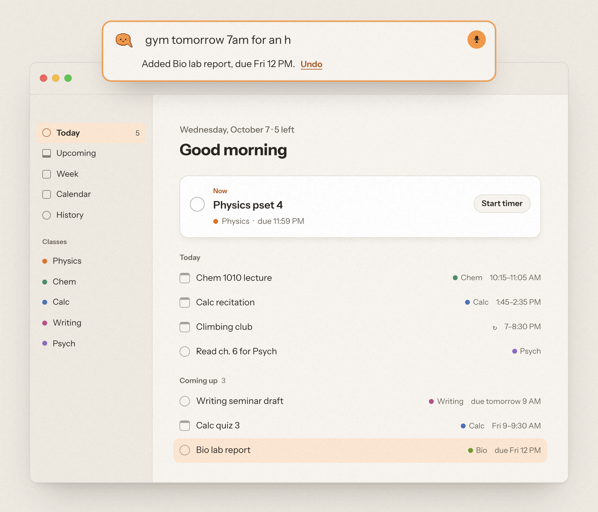 The Cue app on a Mac, showing a day planned from spoken captures.